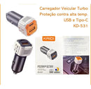 Carregador Veicular Turbo USB e USB-C PD 20W Kaidi KD-531