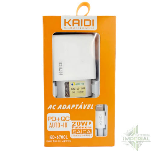 Carregador de Tomada 2 Saídas (Tipo C e USB) KD-670 20W