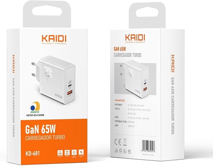 Carregador Turbo GaN 65W  Kaidi KD-681