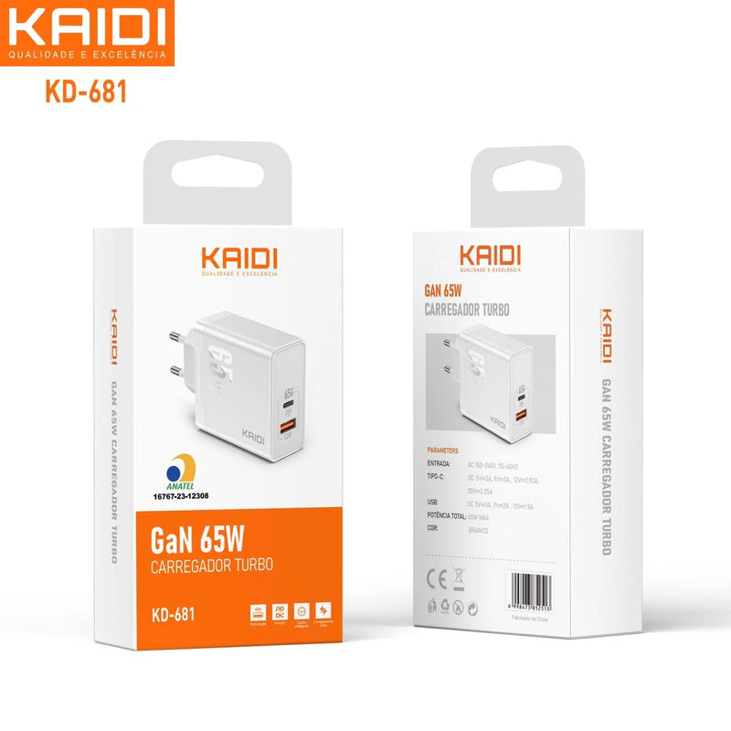 Carregador Turbo GaN 65W  Kaidi KD-681