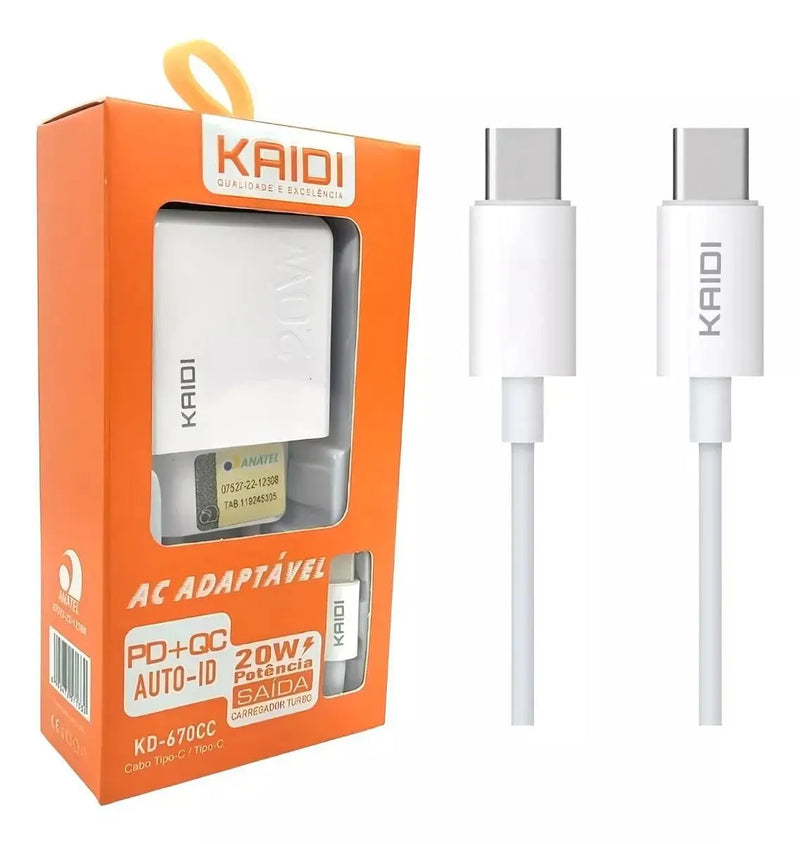 Carregador de Tomada 2 Saídas (Tipo C e USB) KD-670 20W