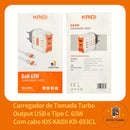 Carregador de Tomada Turbo GaN 65W Kaidi KD-693