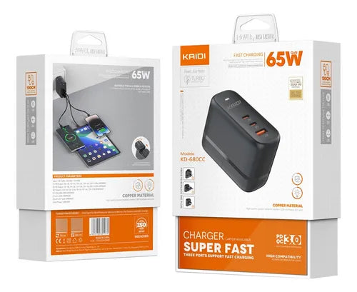 Carregador Turbo GaN 65W 3 Saídas Kaidi KD-680