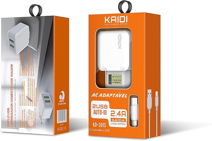 Carregador De Tomada 2 Saídas KD-301 Com Cabo
